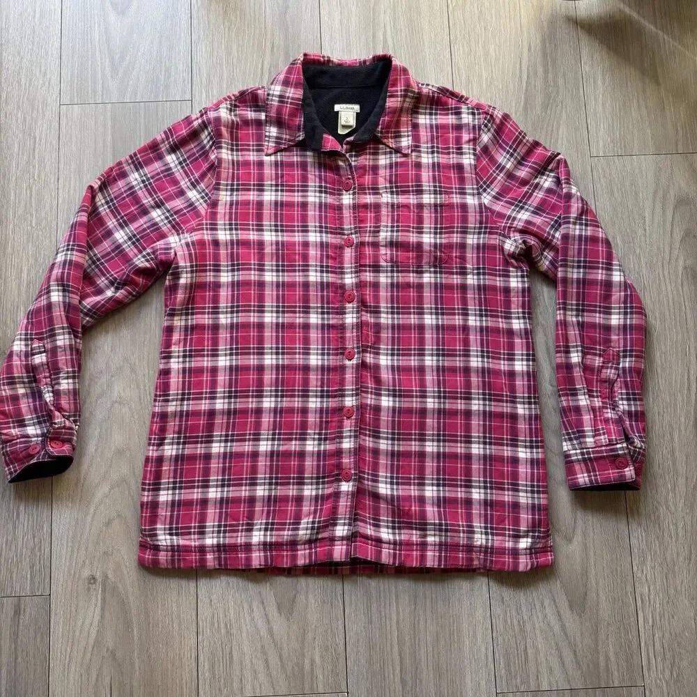 LL‎ Bean Shirt Womens Red Flannel Fleece Lined Shacket Jacket Coat Ladies Small